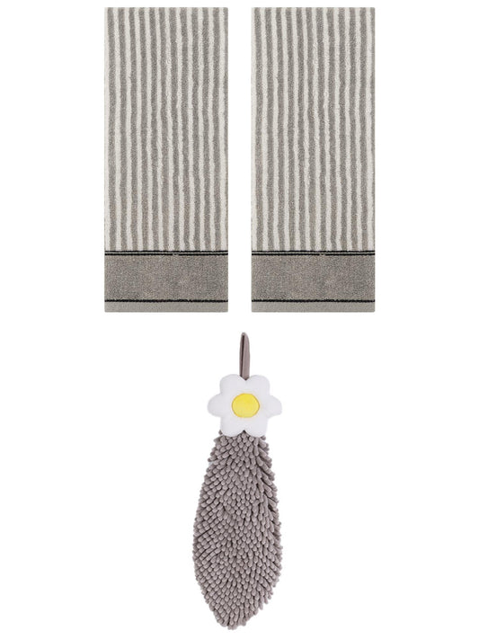Unique Bargains 3 Pcs Soft Striped Hand Towels Grey 13" x 29"/6" x 15"