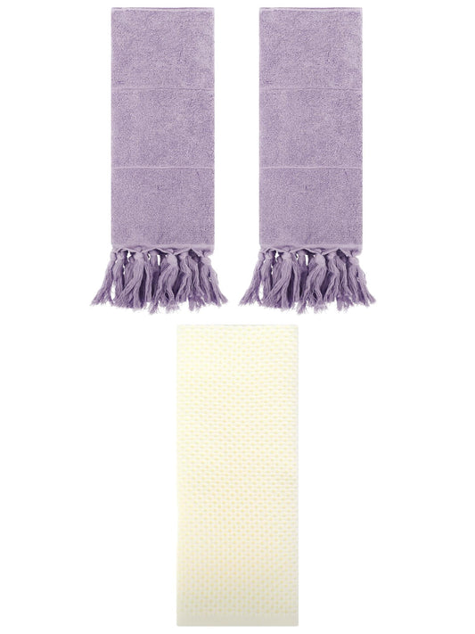 Unique Bargains 3 Pcs Soft Tassels Waffle Hand Towel Purple/Beige 14"x30"/13"x30"