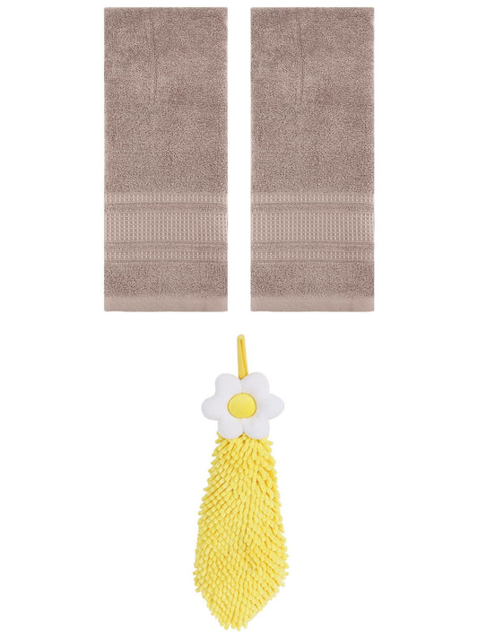 Unique Bargains 3 Pcs Solid Soft Hand Towels Brown/Yellow 13" x 29"/6" x 15"