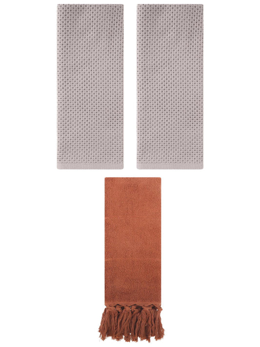 Unique Bargains 3 Pcs Tassels Waffle Hand Towel Brown/Camel 14"x30"/13"x30"