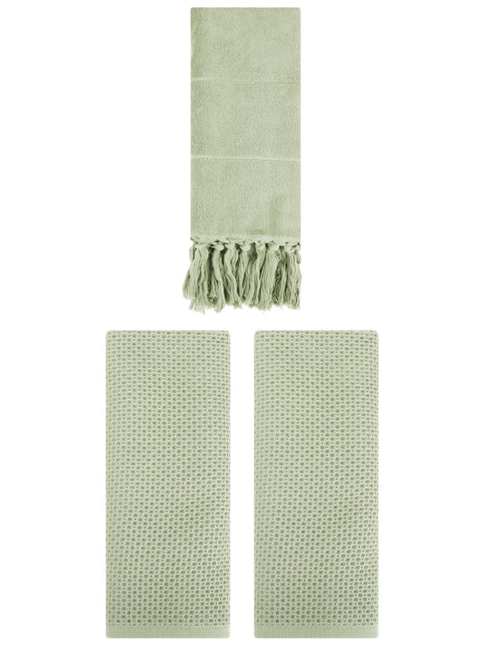 Unique Bargains 3 Pcs Tassels Waffle Hand Towel Green/Light Green 14"x30"/13"x30"