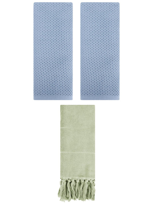 Unique Bargains 3 Pcs Tassels Waffle Hand Towel Green/Steel Blue 14"x30"/13"x30"