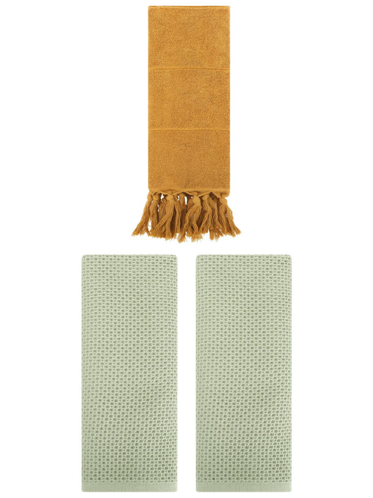 Unique Bargains 3 Pcs Tassels Waffle Hand Towel Yellow/Light Green 14"x30"/13"x30"