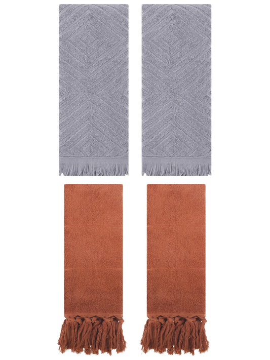 Unique Bargains 4 Pack Turkish Hand Towels with Tassel Brown/Grey 14"x30"/13"x29"