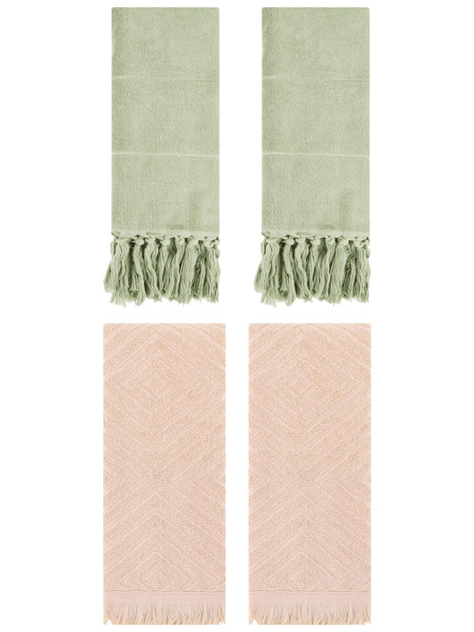 Unique Bargains 4 Pack Turkish Hand Towels with Tassel Green/Brown 14"x30"/13"x29"