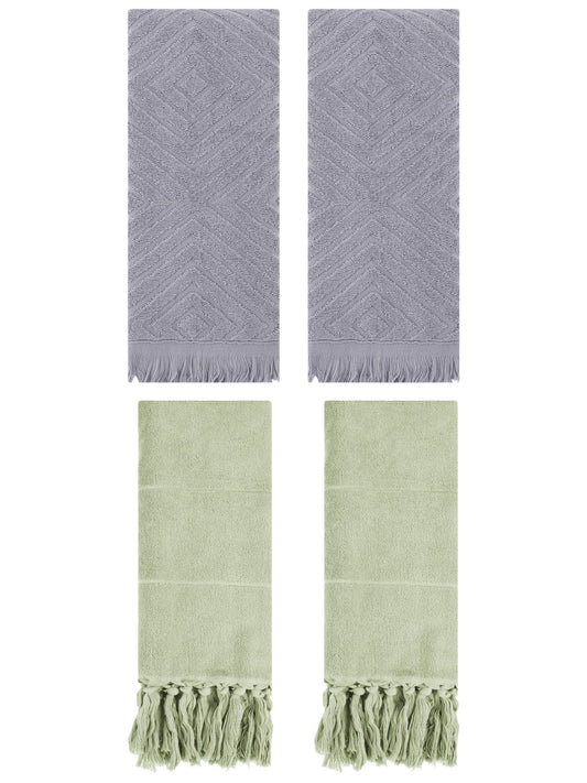 Unique Bargains 4 Pack Turkish Hand Towels with Tassel Green/Grey 14"x30"/13"x29"