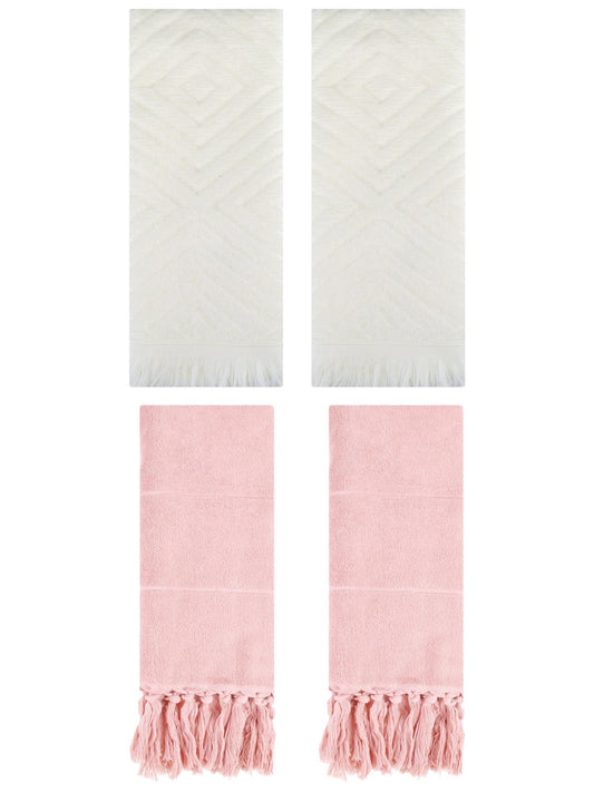 Unique Bargains 4 Pack Turkish Hand Towels with Tassel Pink/Beige 14"x30"/13"x29"