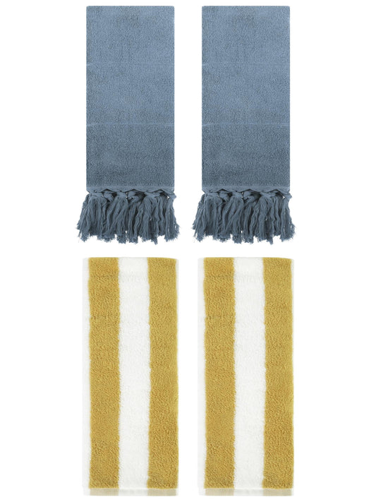 Unique Bargains 4 Pack Striped and Solid Tassels Cotton Hand Towel for Bathroom Blue/Yellow White