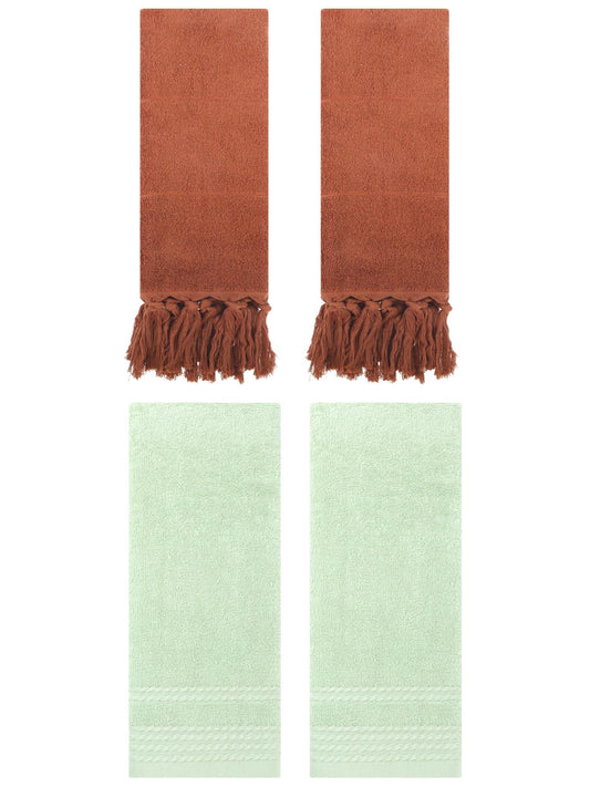 Unique Bargains 4 Packs Striped Tassels Hand Towels 14" x 30" Brown/Green