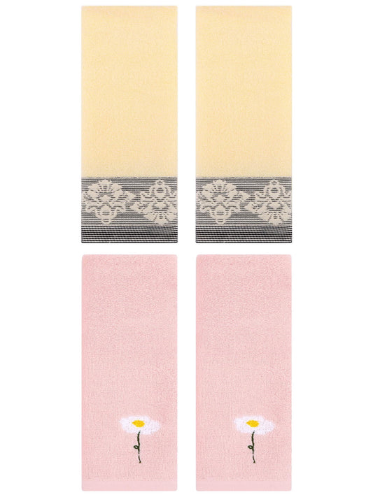 Unique Bargains 4 Pcs Absorbent Floral Hand Towels Pink/Yellow 13" x 30"/13" x 29"