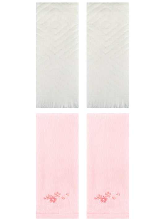 Unique Bargains 4 Pcs Bathroom Cotton Soft Hand Towels 13" x 29" Pink/Beige