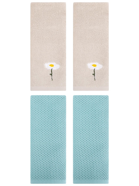 Unique Bargains 4 Pcs Cotton Bathroom Hand Towels 13" x 30" Light Brown/Light Blue