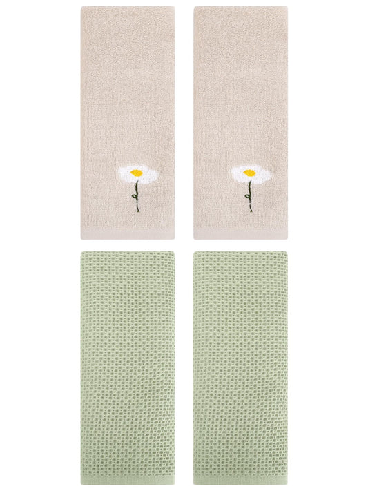 Unique Bargains 4 Pcs Cotton Bathroom Hand Towels 13" x 30" Light Brown/Light Green