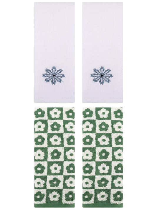 Unique Bargains 4 Pcs Cotton Decorative Hand Towel Green/White 14" x 30"/13" x 30"