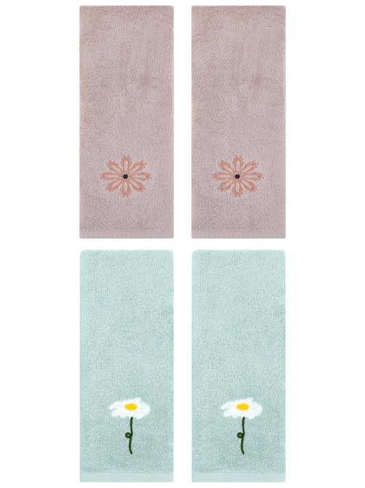 Unique Bargains 4 Pcs Cotton Floral Hand Towel 13" x 30" Blue/Camel