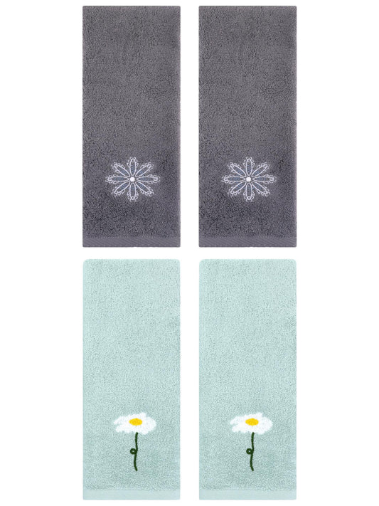 Unique Bargains 4 Pcs Cotton Floral Hand Towel 13" x 30" Blue/Dark Grey