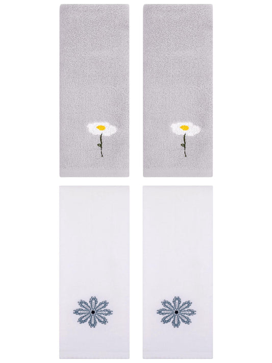 Unique Bargains 4 Pcs Cotton Floral Hand Towel 13" x 30" Grey/White