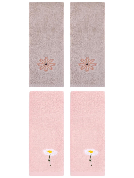 Unique Bargains 4 Pcs Cotton Floral Hand Towel 13" x 30" Pink/Camel