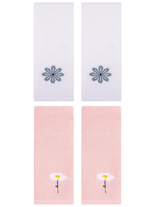 Unique Bargains 4 Pcs Cotton Floral Hand Towel 13" x 30" Pink/White