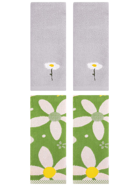 Unique Bargains 4 Pcs Cotton Floral Hand Towel Grey/Green 13" x 30"/13" x 29"