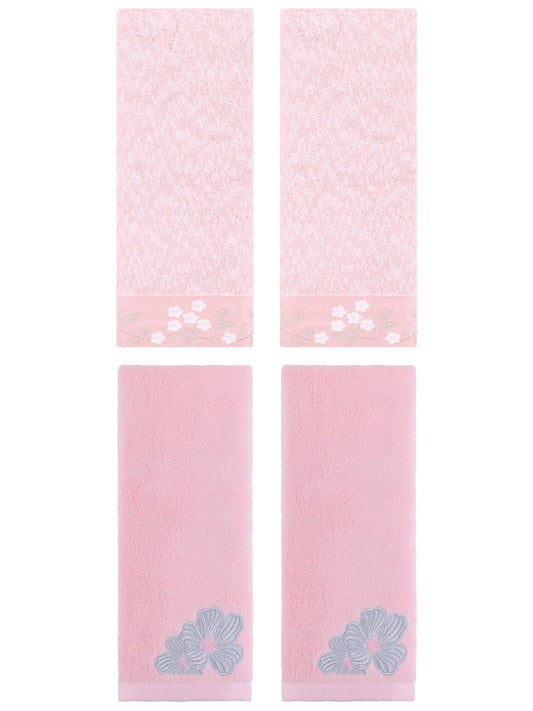Unique Bargains 4 Pcs Cotton Floral Soft Hand Towel Set Pink 14" x 28"/14" x 31"