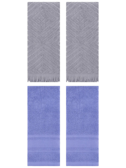 Unique Bargains 4 Pcs Cotton Geometric Hand Towels 13" x 29" Grey/Dark Blue