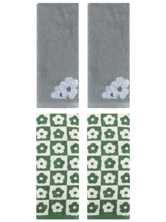 Unique Bargains 4 Pcs Cotton Hand Towel Set Green/Khaki 14" x 30"/14" x 31"