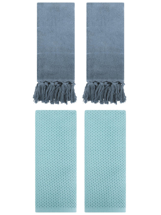 Unique Bargains 4 Pcs Cotton Hand Towels Blue/Light Blue 14" x 30"/13" x 30"