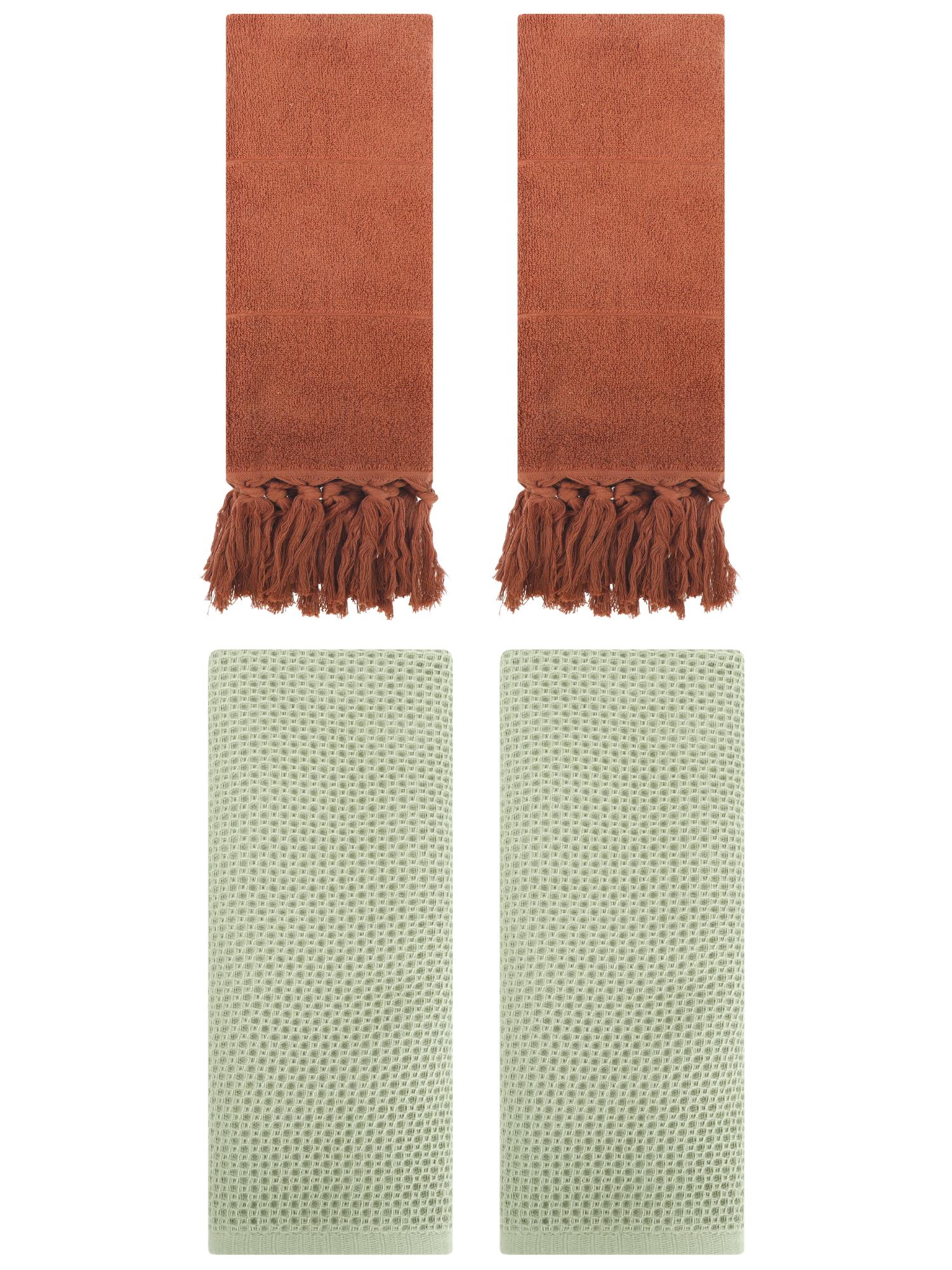 Unique Bargains 4 Pcs Cotton Hand Towels Brown/Light Green 14" x 30"/13" x 30"
