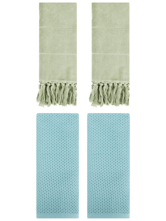 Unique Bargains 4 Pcs Cotton Hand Towels Green/Light Blue 14" x 30"/13" x 30"