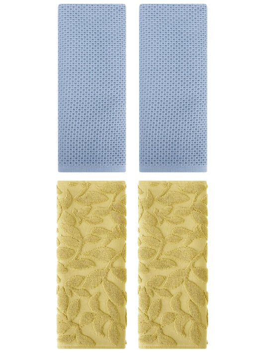 Unique Bargains 4 Pcs Cotton Hand Towels Steel Blue/Yellow 13" x 30"/14" x 30"