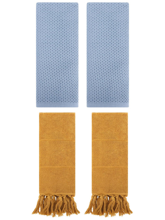 Unique Bargains 4 Pcs Cotton Hand Towels Yellow/Steel Blue 14" x 30"/13" x 30"