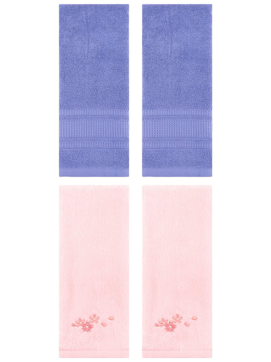 Unique Bargains 4 Pcs Cotton Soft Floral Hand Towels 13" x 29" Pink/Dark Blue