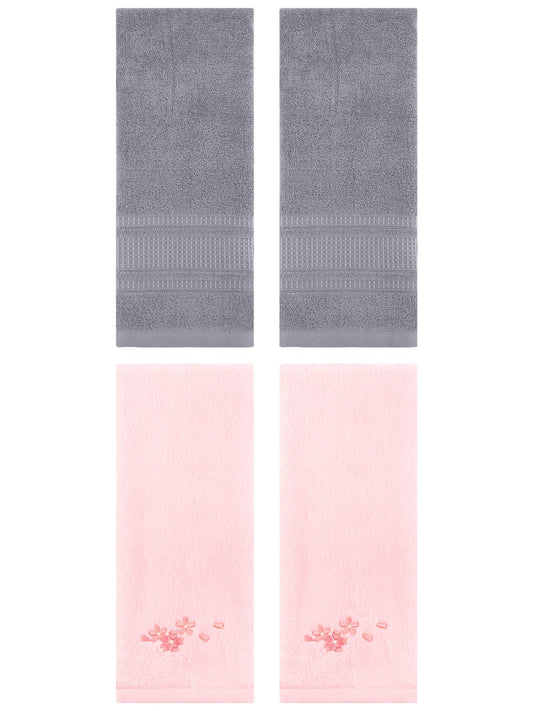 Unique Bargains 4 Pcs Cotton Soft Floral Hand Towels 13" x 29" Pink/Grey