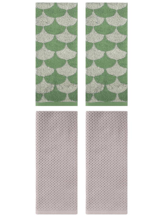 Unique Bargains 4 Pcs Cotton Solid Hand Towels Camel/Green 13" x 30"/13" x 29"