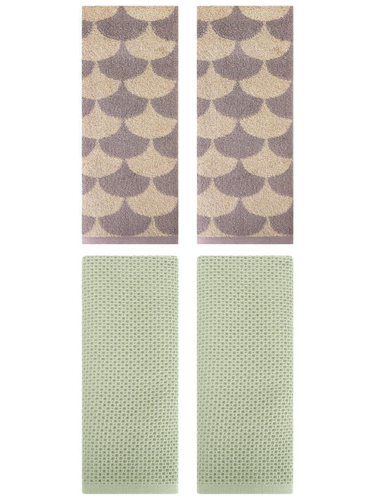 Unique Bargains 4 Pcs Cotton Solid Hand Towels Light Green/Brown 13" x 30"/13" x 29"
