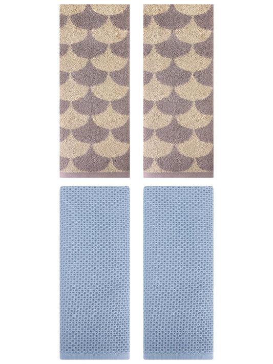 Unique Bargains 4 Pcs Cotton Solid Hand Towels Steel Blue/Brown 13" x 30"/13" x 29"