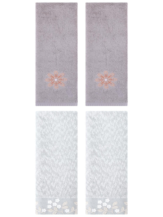 Unique Bargains 4 Pcs Floral Hand Towel Grey/Light Grey 14" x 28"/13" x 30"
