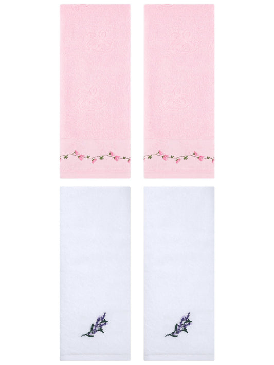Unique Bargains 4 Pcs Floral Hand Towels for Bathroom 13" x 29" White/Pink