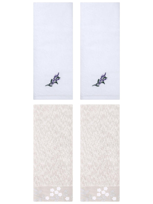 Unique Bargains 4 Pcs Floral Soft Hand Towel Light Brown/White 14" x 28"/13" x 29"