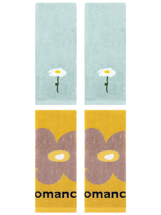 Unique Bargains 4 Pcs Soft Absorbent Floral Pattern Cotton Hand Towel Blue/Yellow