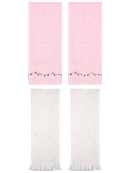 Unique Bargains 4 Pcs Soft Bathroom Hand Towels 13" x 29" Pink/White
