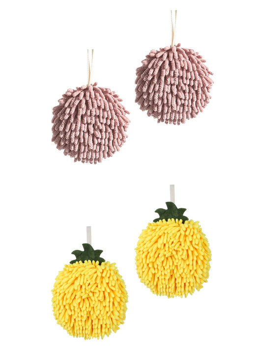 Unique Bargains 4 Pcs Soft Chenille Ball Hand Towels Dark Pink/Yellow 6" x 6"