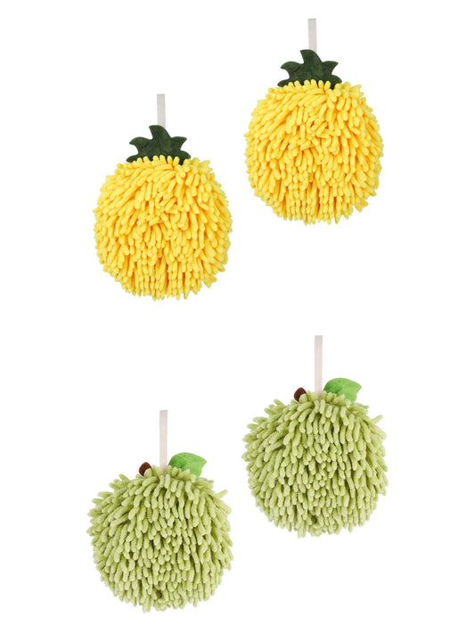 Unique Bargains 4 Pcs Soft Chenille Ball Hand Towels Green/Yellow 6" x 6"