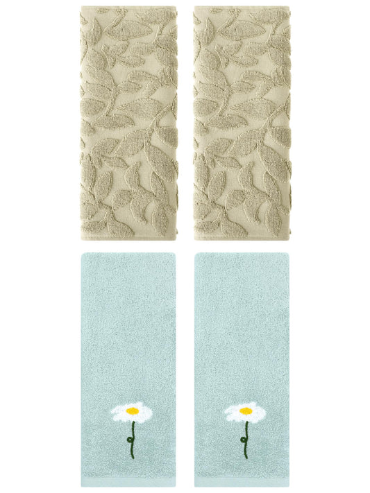 Unique Bargains 4 Pcs Soft Cotton Hand Towels Blue/Khaki 13" x 30"/14" x 30"