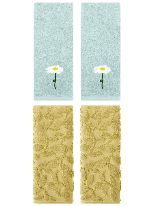 Unique Bargains 4 Pcs Soft Cotton Hand Towels Blue/Yellow 13" x 30"/14" x 30"
