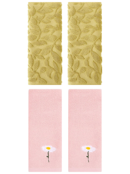 Unique Bargains 4 Pcs Soft Cotton Hand Towels Pink/Yellow 13" x 30"/14" x 30"