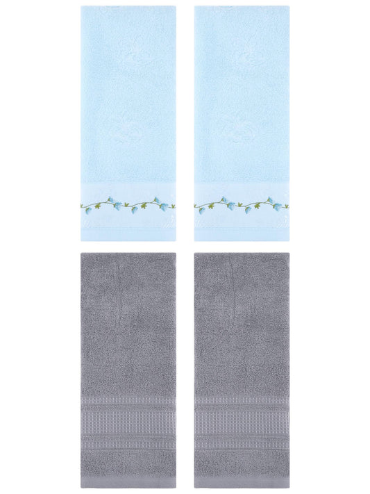 Unique Bargains 4 Pcs Soft Embroidered Hand Towels 13" x 29" Blue/Grey