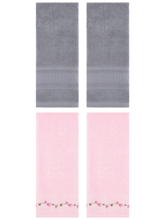 Unique Bargains 4 Pcs Soft Embroidered Hand Towels 13" x 29" Pink/Grey