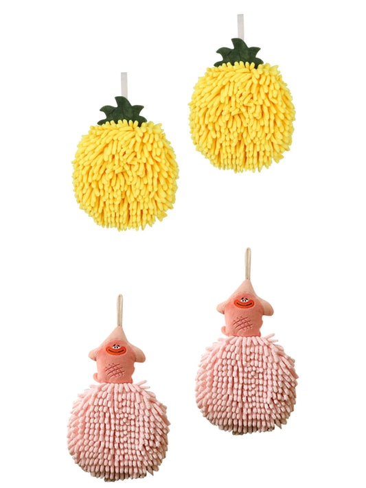 Unique Bargains 4 Pcs Soft Fluffy Ball Hand Towels Yellow/Pink 6" x 6"/7" x 9"